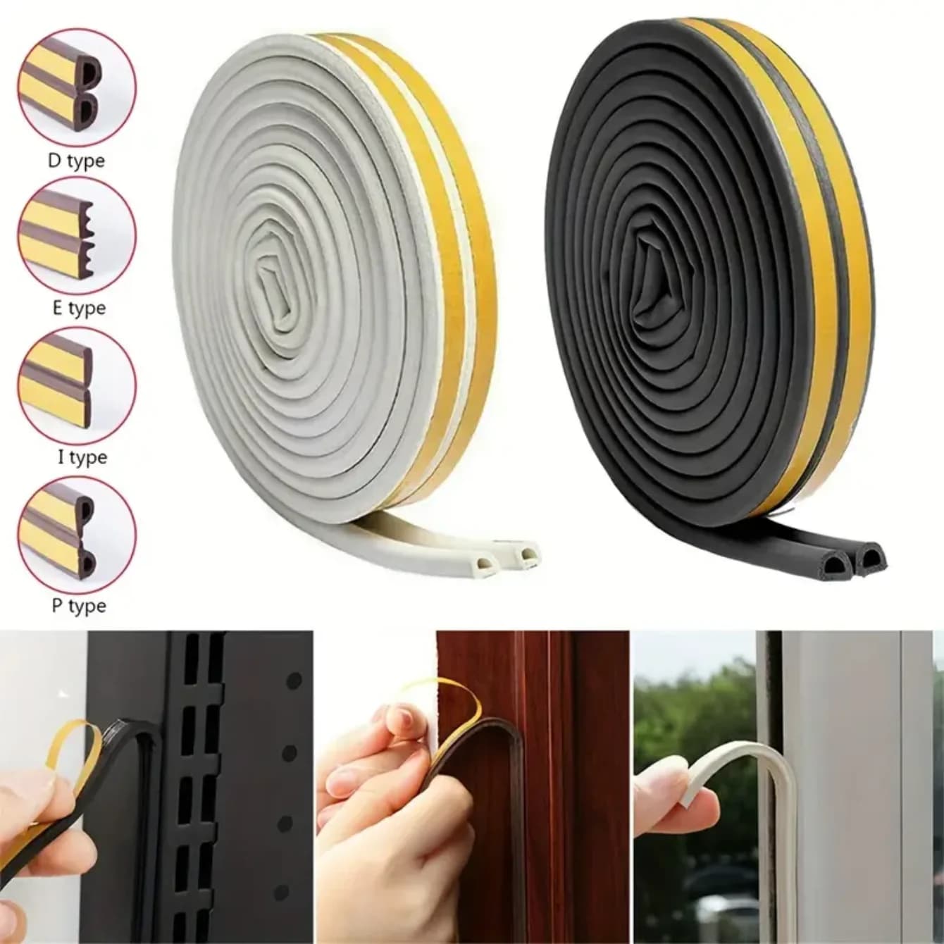 5m/10m DIEP Shape Window Seal Strip 4 Colors Self-adhesive Rubber Weather Stripping Door Windproof Insulation Noise Tape