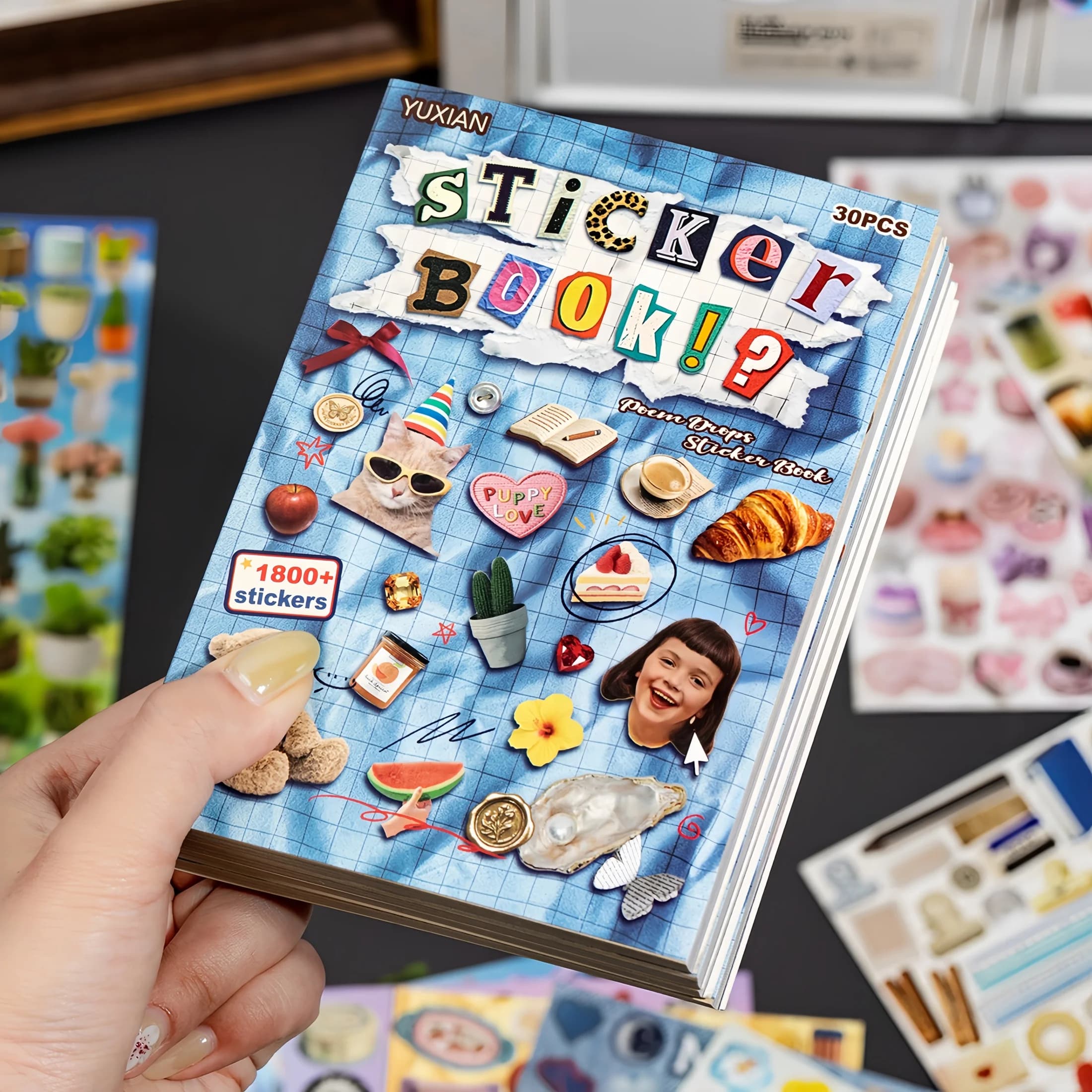 Alphabet and Number Sticker Book, American Retro Style Notebook, Sticker DIY Decoration Material Book, 30 Sheets/Set, Lots of Materials, Phone Case Decoration Stickers