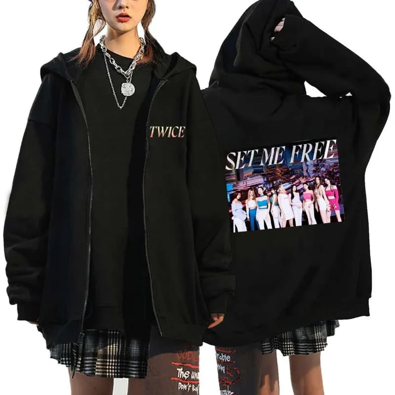 Pop TWICE Kawaii Harajuku Graphic Print Zip Up Hooded Sweatshirt Loose Oversized Fan Merch Casual Full Zip Hoodies for Men Women
