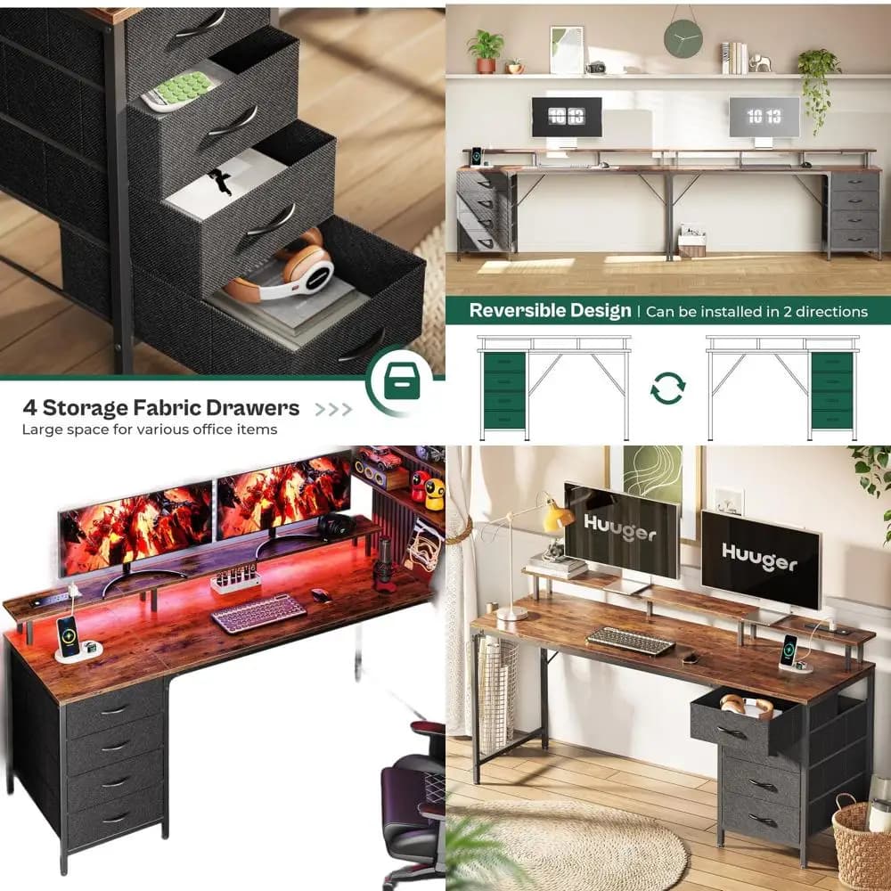 Large rustic brown desk 63 with 4 drawers, monitor support, LED lighting and sockets