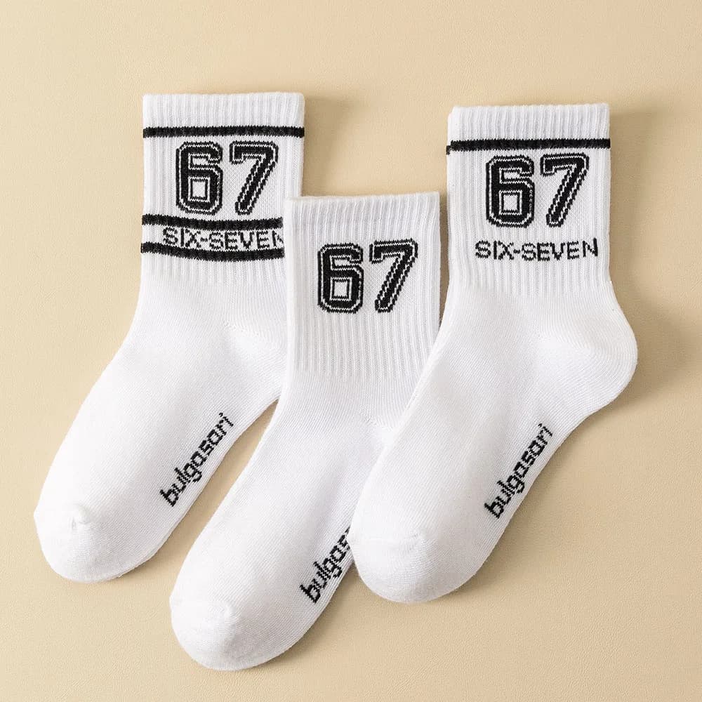 Teen Fashion Socks with "67" Print - Mid-Calf Sports Socks for Trendy Kids All Season
