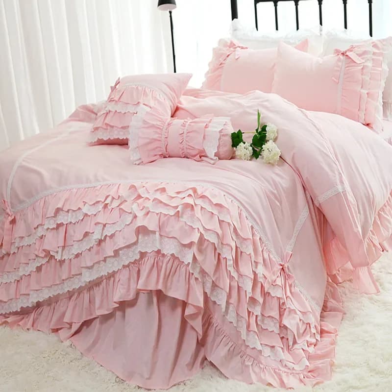 Romantic Ruffle Luxury Duvet Cover Rose Print Bedding King Duvet Cover Lace Bed Set Princess Cotton Quilt Cover Duvet Set Queen