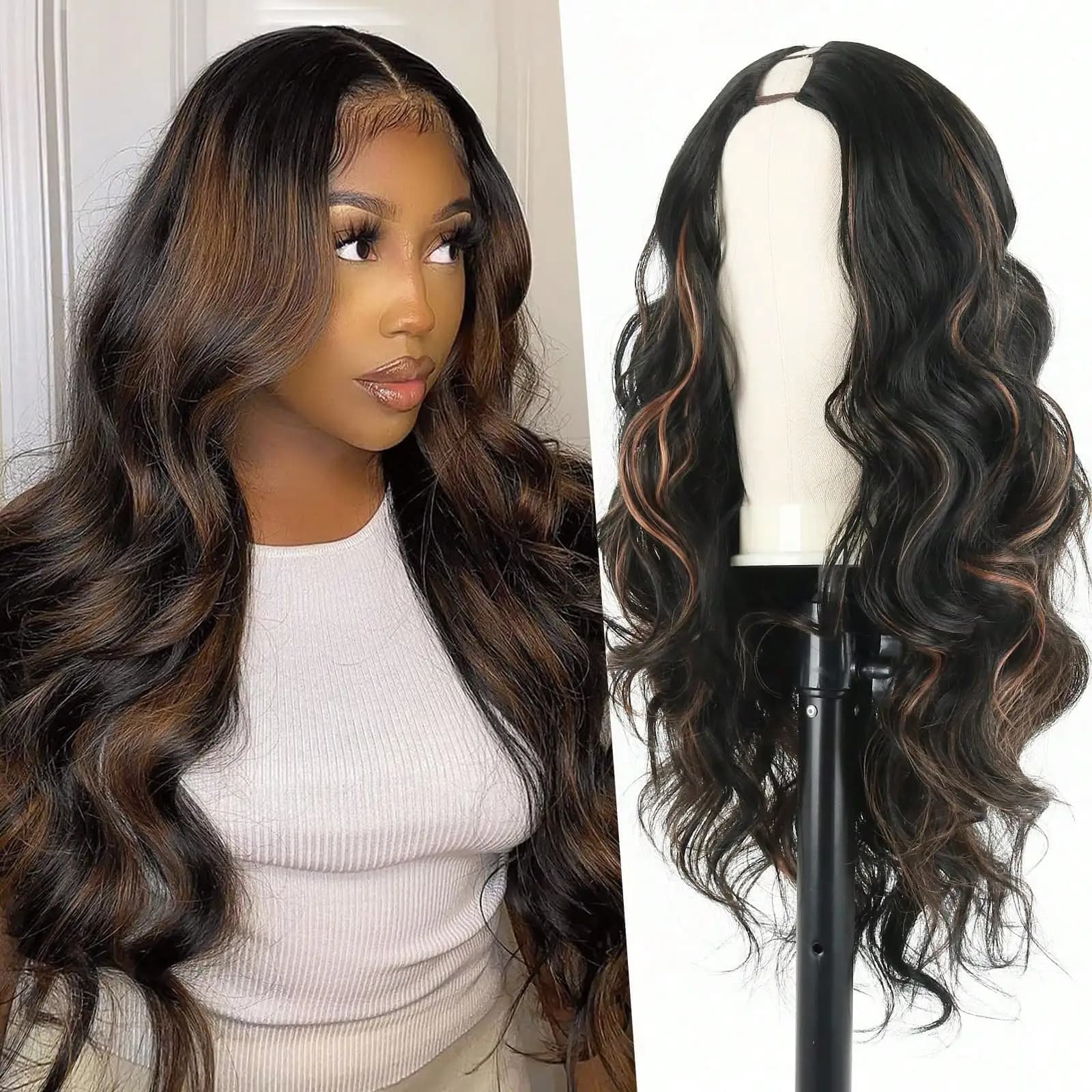 V Part Body Wavy Wig With Black Long With Highlight Brown Upgrade U Part Synthetic Water Wavy Wigs For Women Clip In Hair Glueless Synthetic Wigs (Brown Mix Black )
