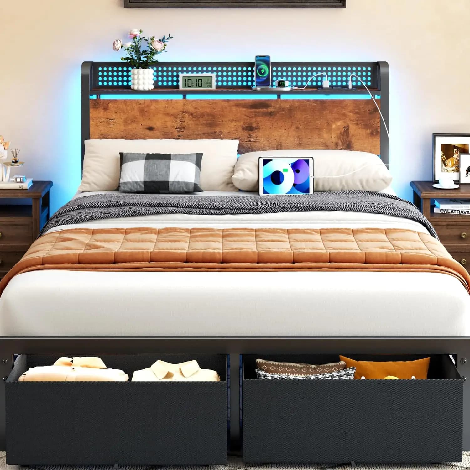 Full Size Bed Frame Headboard Charging Station Drawers LED Platform 800 lbs No Box Spring, Customized