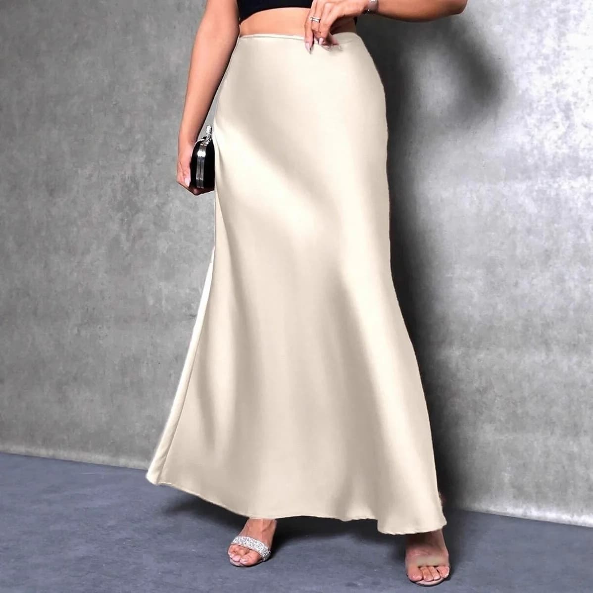 Gonna Lunga Elegante in Raso Tinta Unita da Donna, Nuova Collezione Primavera Estate 2026, a Vita Alta, Morbida e Casual, Stile Streetwear