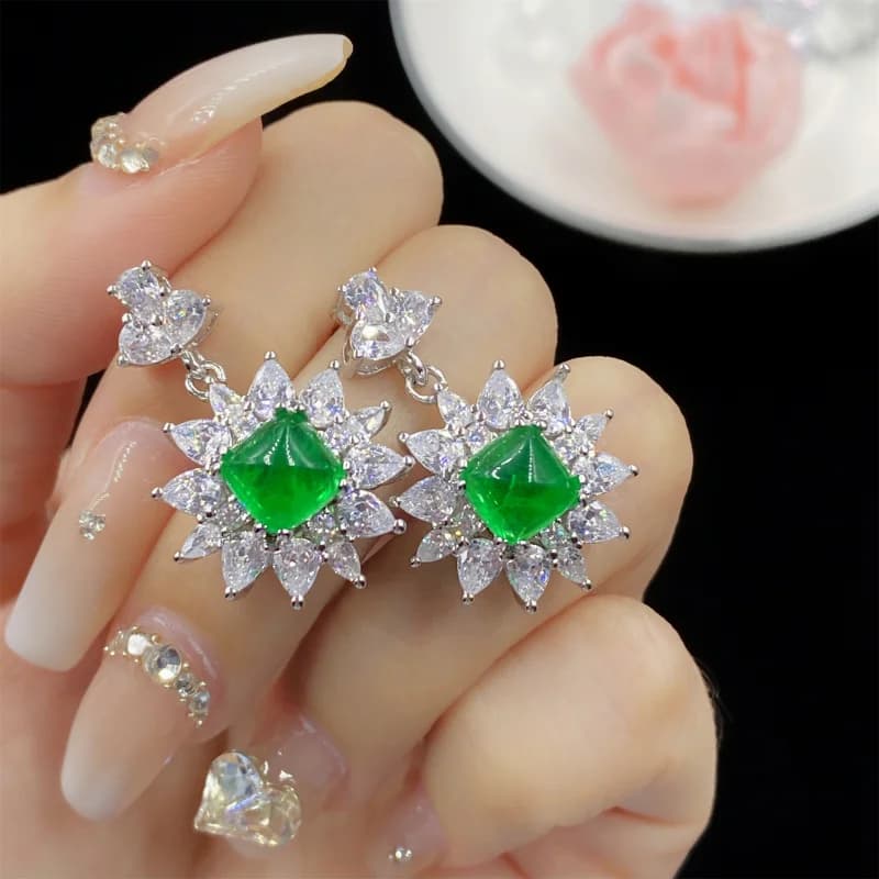 Anello aperto quadrato con diamanti pieni di principessa Torre di zucchero smeraldo con batuffolo di cotone per donna, elegante set di pendenti e orecchini