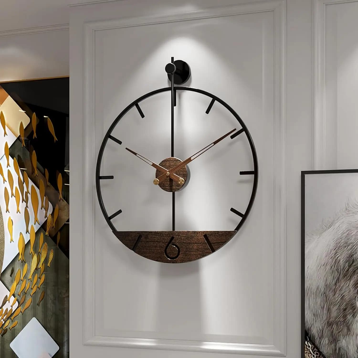 Modern Wall Clock with Walnut Wood Dial, Large Wall Decor with Metal Frame, Silent Without Ticking for Living and Kitchen