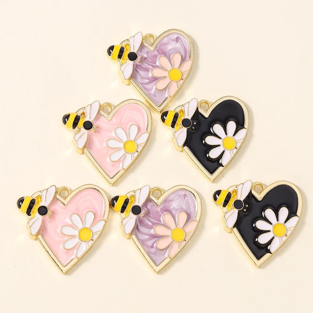 10 pz/lotto Ciondoli Smaltati a Forma di Fiore e Ape per Creazione Gioielli Fai da Te, Ciondoli a Cuore, Collane, Pendenti, Orecchini, Accessori