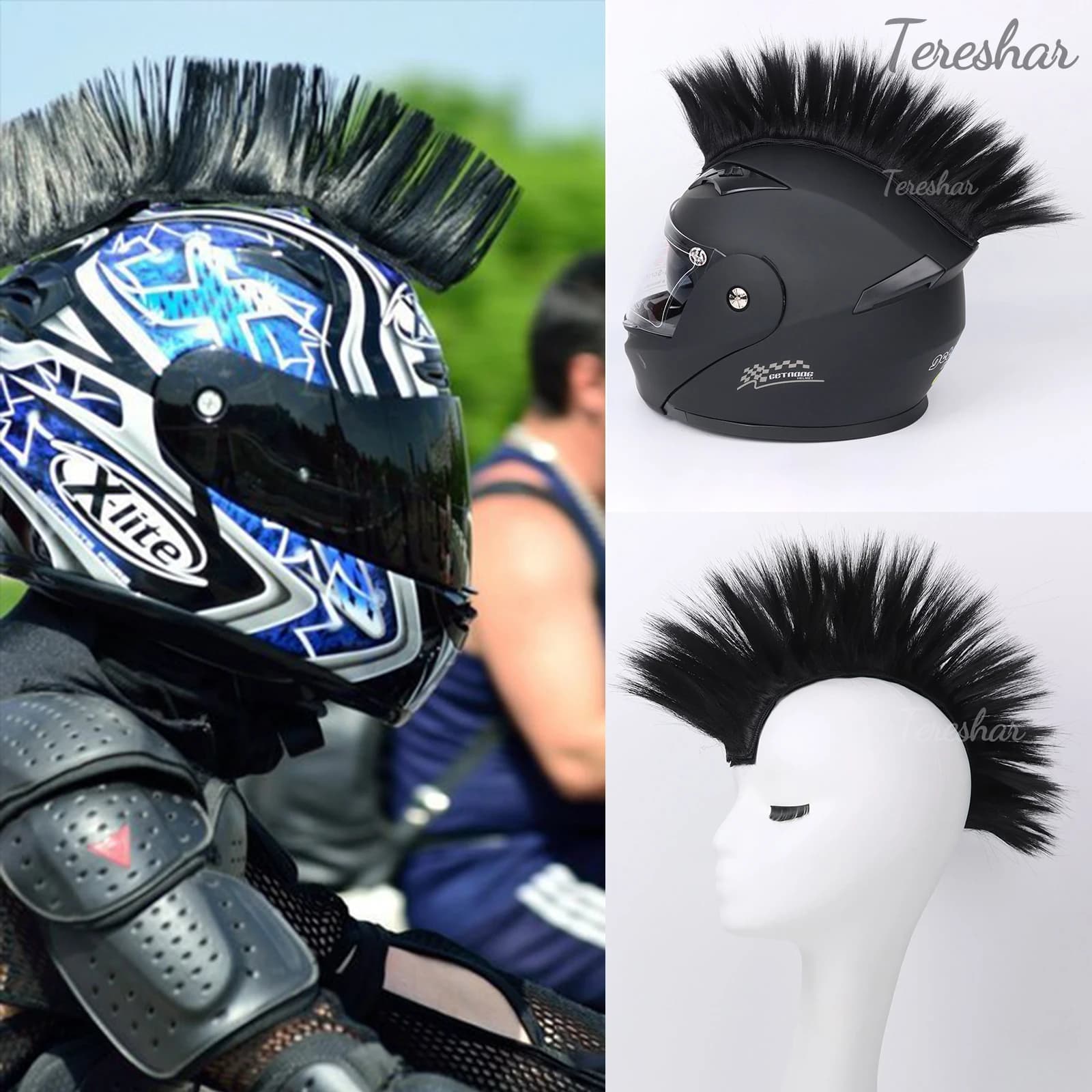 Tereshar Casco sintetico Hawks Casco da moto Parrucche Mohawk Casco Parrucca Mohawk per moto Bicicletta Sci Snowboard Casco Capelli