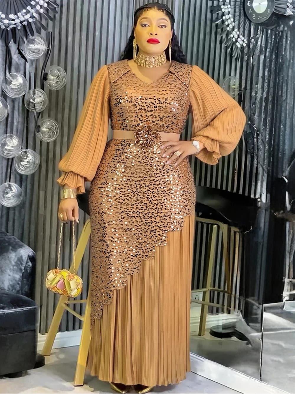 Abiti in Chiffon a Maniche Lunghe per Donne, Dashiki Africano con Paillettes, Abaya di Dubai, Vestito per Matrimoni, Feste di Compleanno, Abbigliamento Estivo 2026