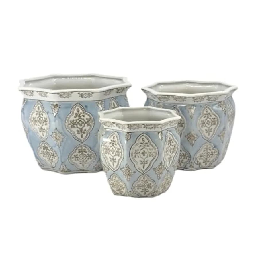 Set di 3 Vasi in Ceramica Porcellanata Blu Chiaro e Bianco, Rotondi e Scanalati con Motivi Floreali, 7.5 10 13 cm, per Decorazione Interna ed Esterna, Stile Asiatico