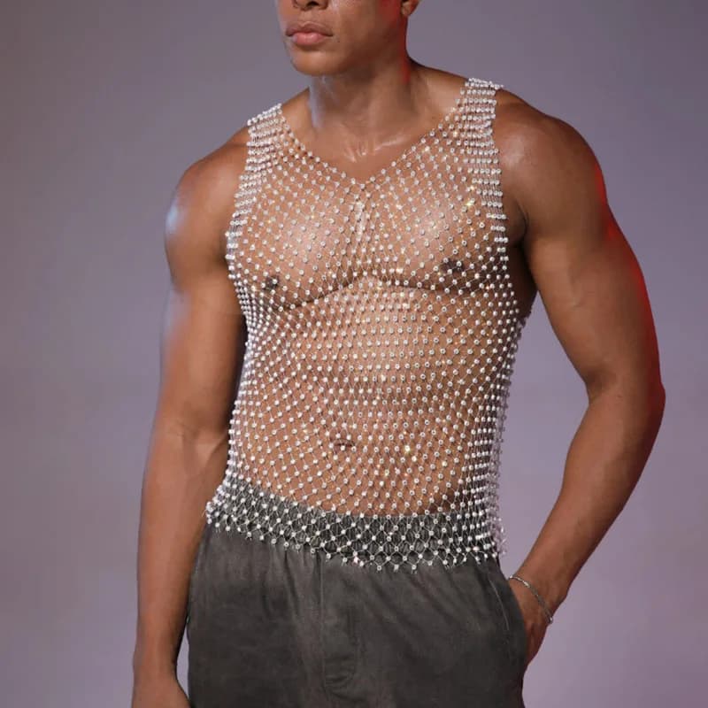 Gilet trasparente da uomo in rete con strass Moda americana Canotte sexy con scollo a V Canotte estive da discoteca Performance T-shirt senza maniche lucide maschili