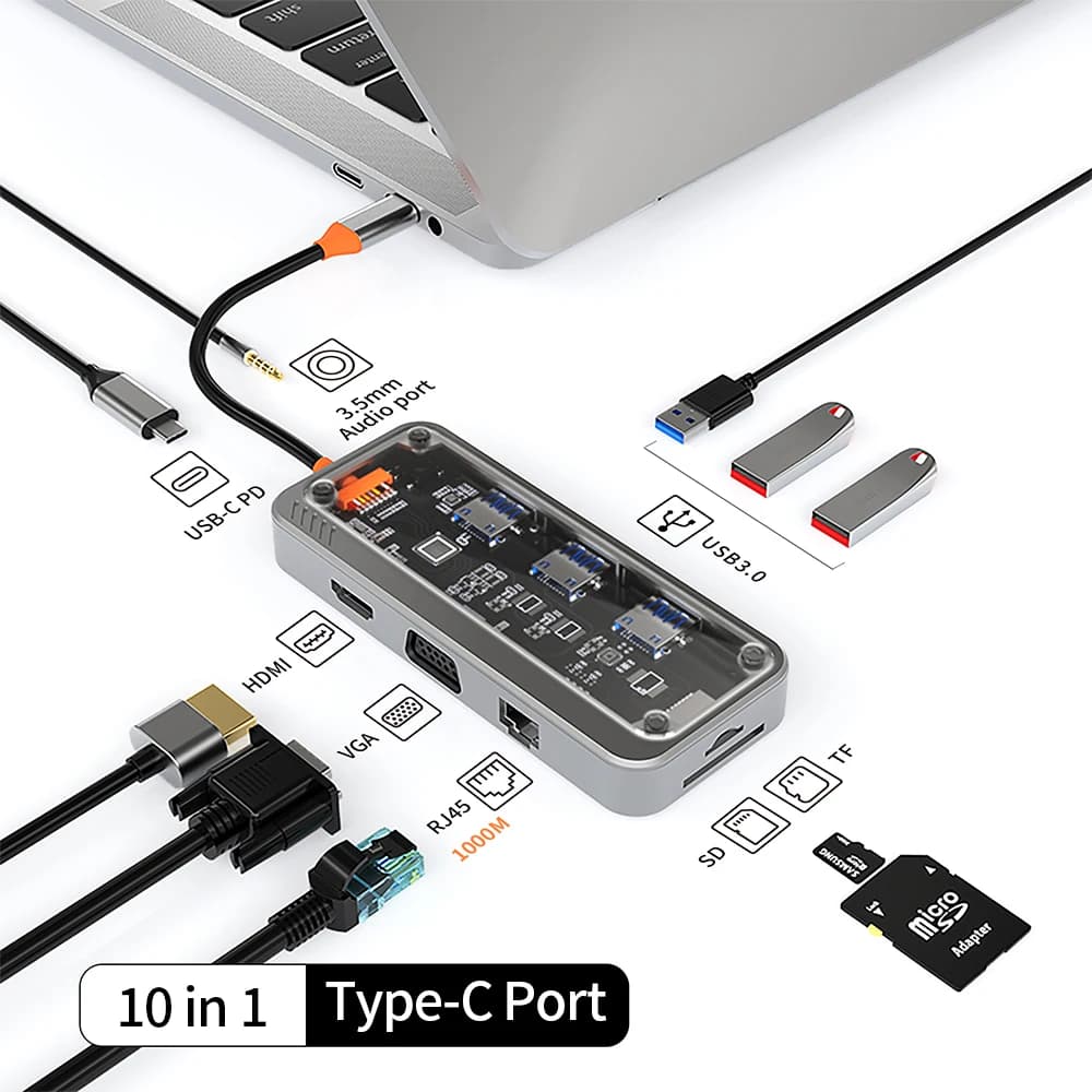 Basix 10 in 1 USB C HUB 4K30Hz Dock Station Tipo C a HDMI RJ45 Ethernet PD100W compatibile per MacBook iPad Huawei Sumsang Phone