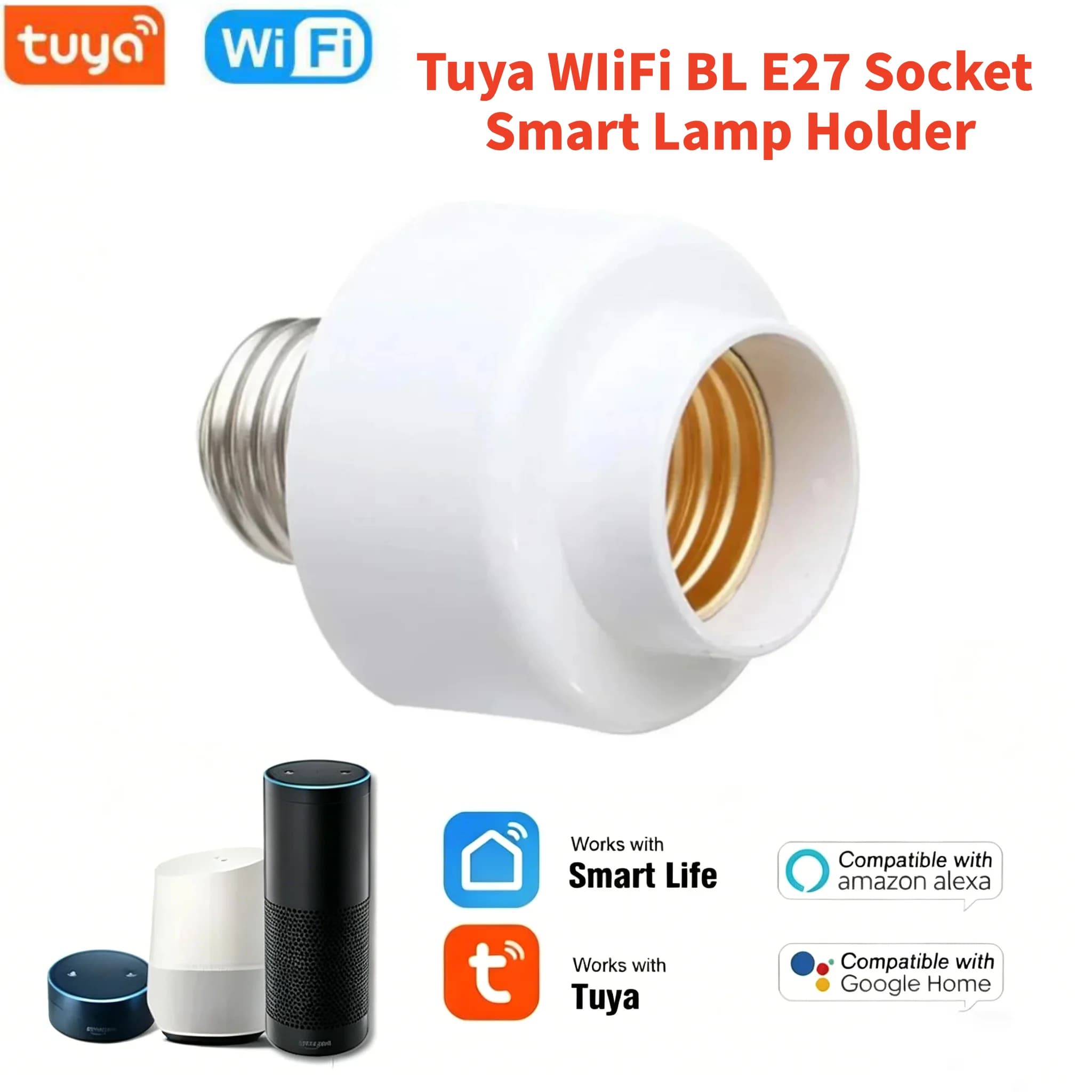 Portalampada Smart E27 WiFi BLE Tuya, Adattatore per Lampadine, Interruttore Luce per Cucina e Camera da Letto, Controllo Vocale Alexa Google Home