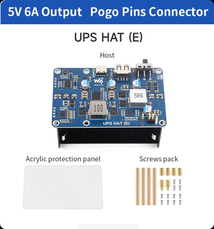 HAT UPS Raspberry Pi module, PD 5V/6A type C output from 40 W, 20000 mAh battery, I2C monitoring for Pi 5/4B/3 B+