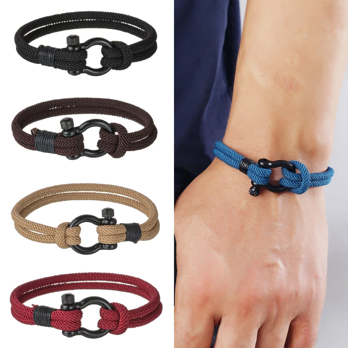 Bracciale punk rock da uomo per uomo donna Bracciale sportivo in acciaio inossidabile con grillo di sopravvivenza nautica con corda da marinaio marino