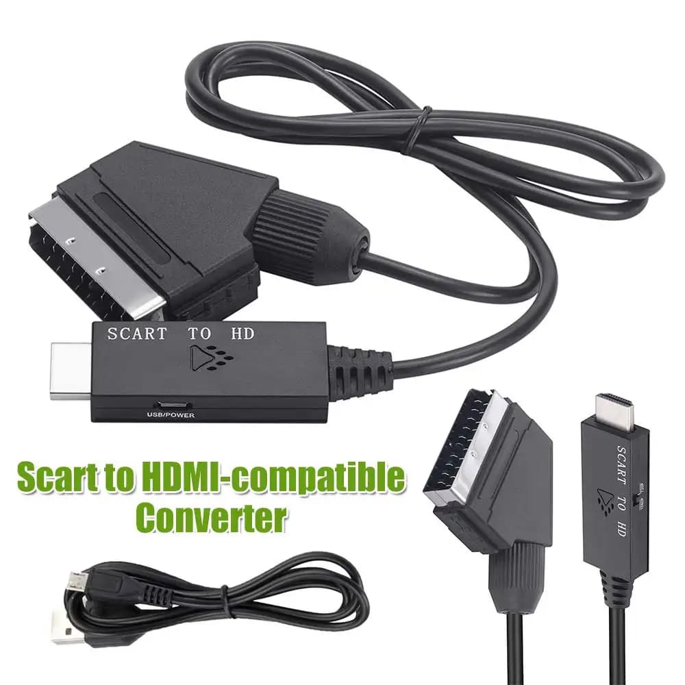 1m Video Audio Converter Adapter Scart To HDMI-compatible 1080P Video Converter DC 5V Micro USB Cable Accessories for HDTV/DVD