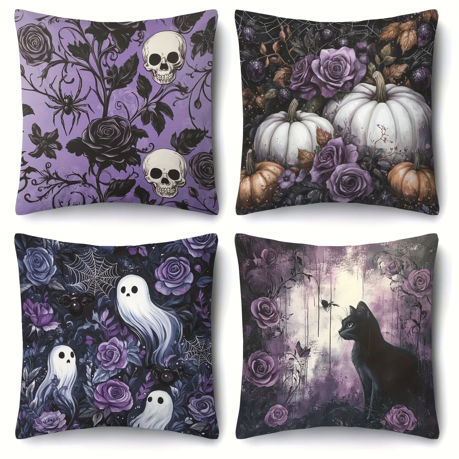 4-Pack Fantasy Halloween Pillow Covers 100% Polyester Double-Sided Printed, Mystic Skull Black Cat Purple Rose Pumpkin Design