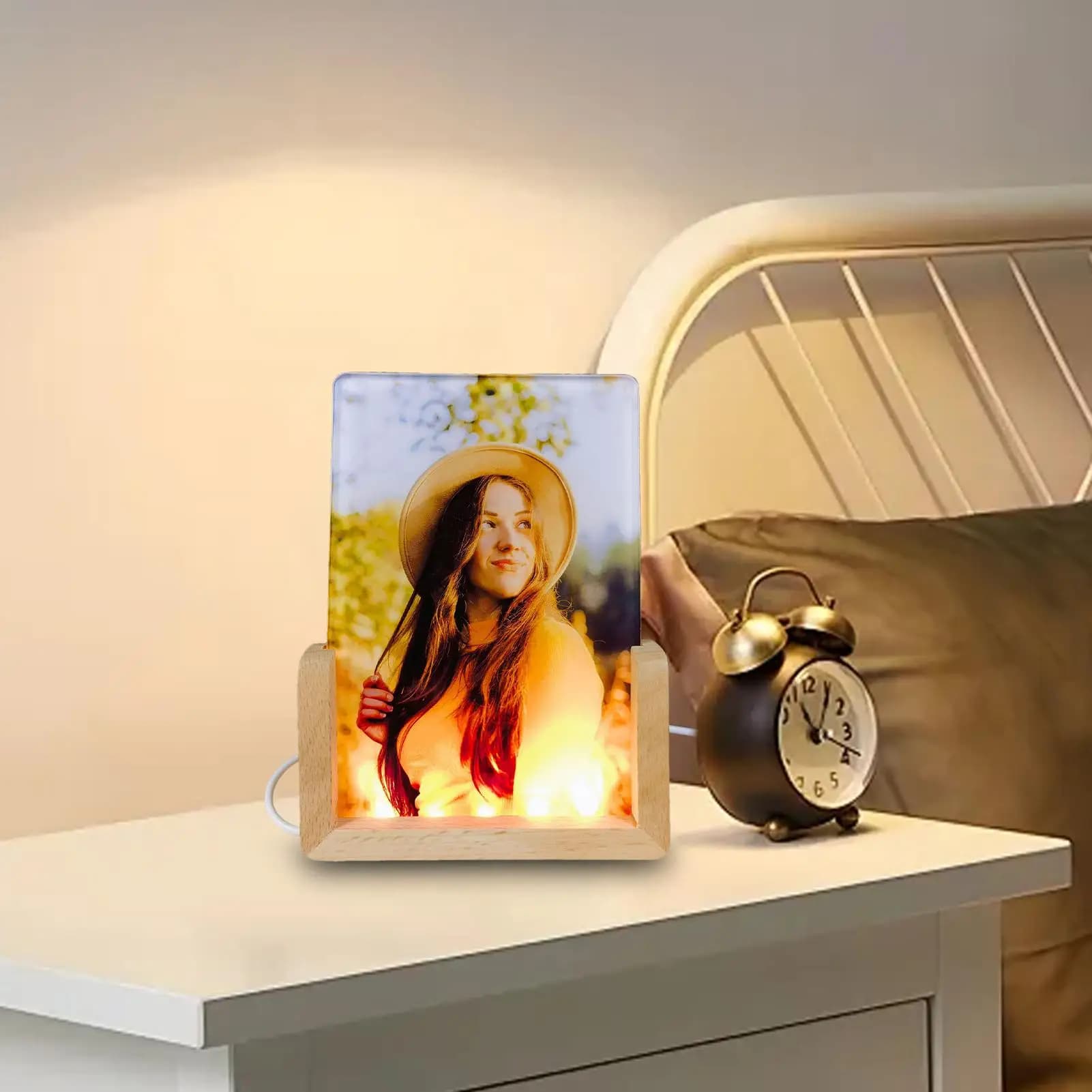 New Walnut/Beech Creative Photo Frame Acrylic U Shape Transparent Frame With warm light Wood Pictures Frame Decor