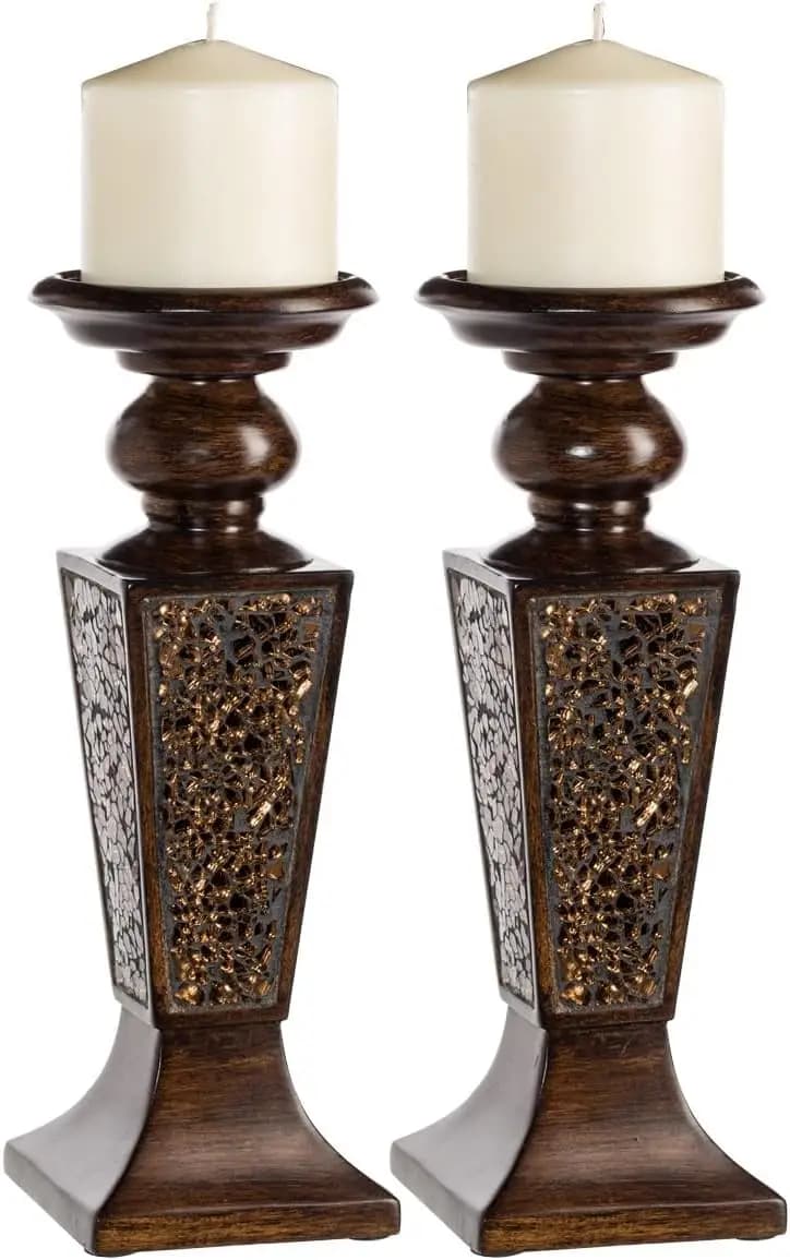 Set di 2 Portacandele a Colonna con Mosaico Marrone Screpolato, Decorazione Funzionale per Sala da Pranzo/Soggiorno, Regalo Ideale per Matrimoni