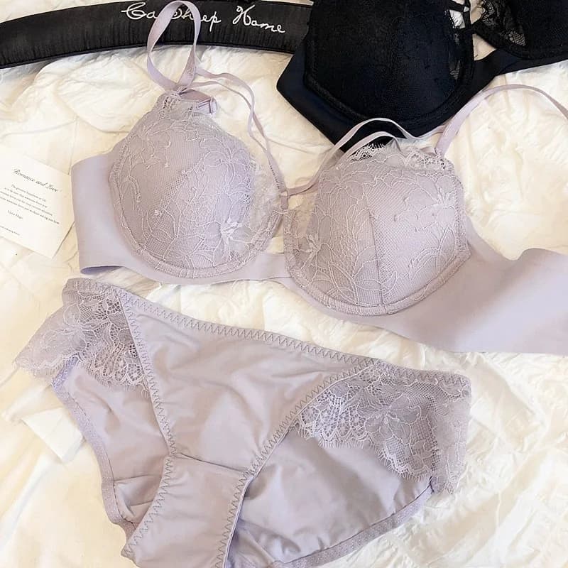 Lace hollow sexy steel ring gathered underwear thin push up lingerie with underpants women large size bra set