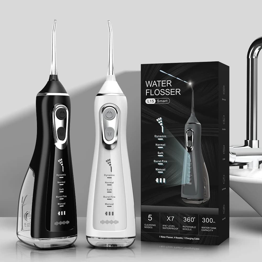 Idropulsore portatile ricaricabile tramite USB con serbatoio dell'acqua da 300 ml, irrigatore orale impermeabile e getto d'acqua dentale