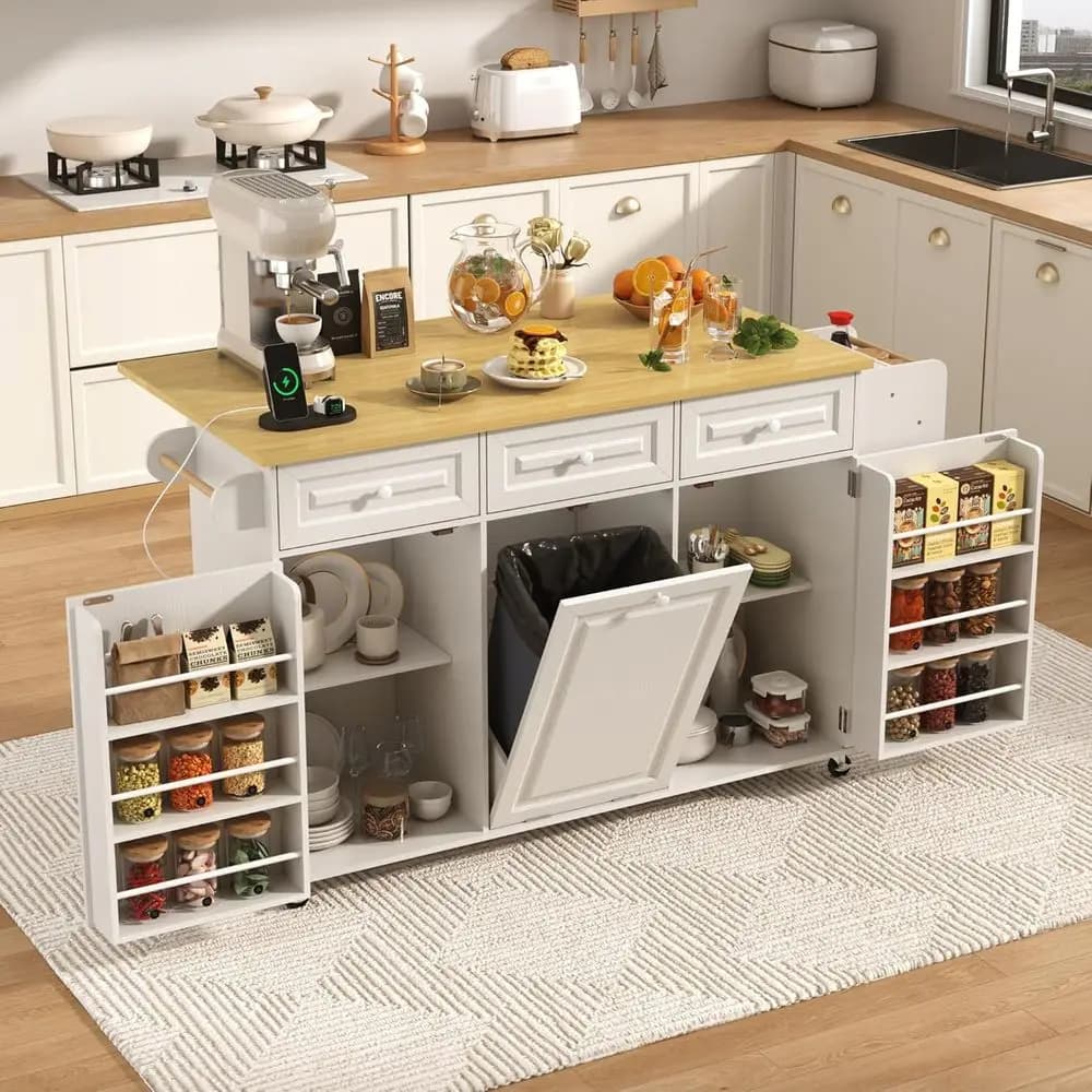 Isola da Cucina Mobile 62 con Prese Elettriche, Ripiano Pieghevole, Contenitore, Cestino, Porta Spezie, Scaffali e Portasciugamani - Bianca