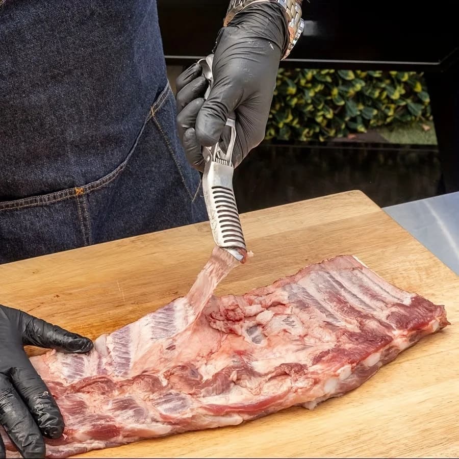 Strumento per la rimozione della membrana per costole da 1 pezzo - Skinner per costole per barbecue in acciaio inossidabile con manico ergonomico, preparazione della carne, utensili da cucina moderni