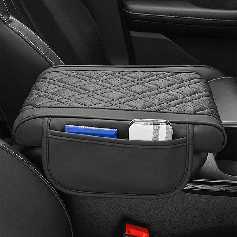 Universal Protective Cushion for Auto Central Arm with Lateral Pocket, Elastic and Leather Sponge Support, Brake Lift