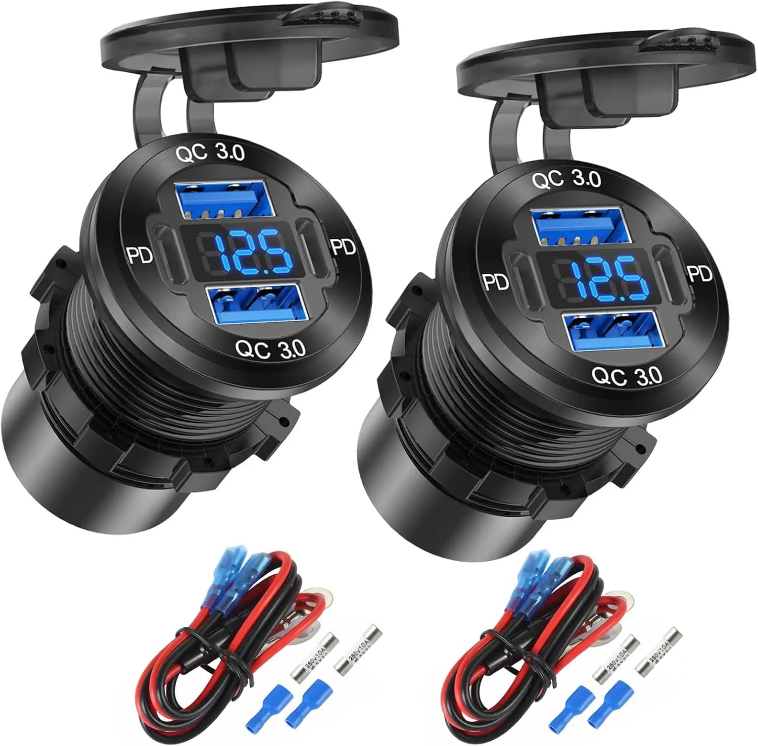 2 Pack 4 Port 12V USB Outlet Aluminum Charger, 78W Dual PD QC Multiple USB Port for Car, USB C Cigarette Lighter Replacement 12 Volt Socket with Voltmeter Waterproof for Marine Boat Motorcycle RV
