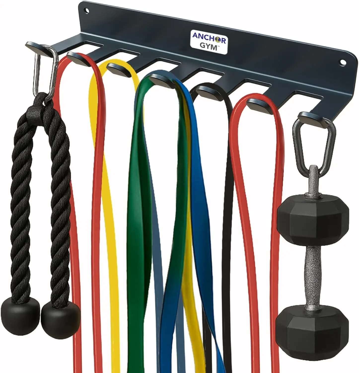 Steel wall bracket for gym resistance bands with 7 hooks - Organizer for straps, ropes and handlebars (including invitations)