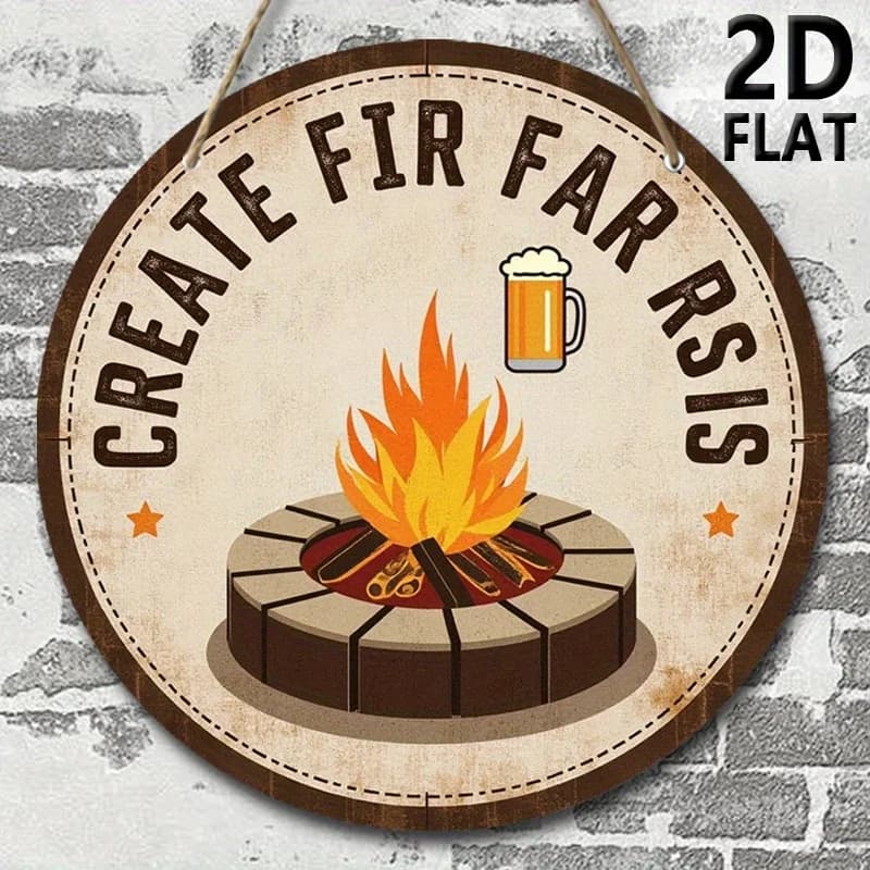 Insegna da Parete in Legno Rustico 2D, 20 cm - Arte con Fuoco di Campeggio e Boccale di Birra, Design 'CREATE FIR FAR RIS', Legno Riciclato