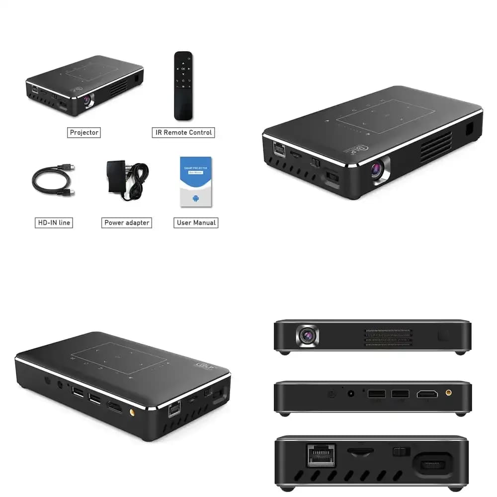 Proiettore DLP Portatile da 150 Lumen per Android 9.0, 2GB RAM, 16GB ROM, Decodifica FHD 4K, Supporto 3D, Schermo da 200 Pollici, Mini Proiettore Domestico