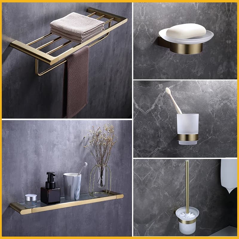 Accessori da bagno in oro spazzolato Portasciugamani Asta Scaffale Anello Porta carta Porta scopino Porta accappatoio Portasapone Spazzolino da denti Tazza