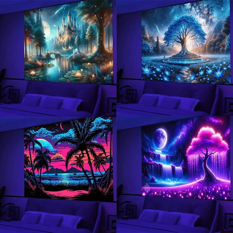 Fantasy tree ultraviolet luminous tapestry, indoor mood to create atmosphere, psychedelic luminous art, bedroom decoration