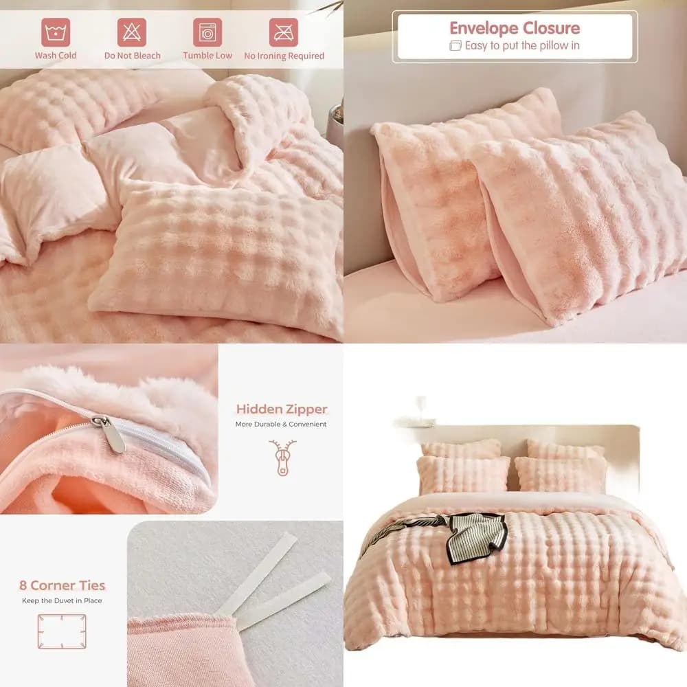 Set copripiumino Queen Size in pelliccia sintetica rosa, biancheria da letto in flanella in 3 pezzi con trapunta e federe ultra morbide
