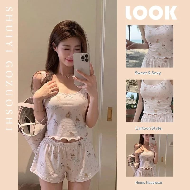 Summer New Women's Home Suit Set with Chest Cushion and Suspender, Teddy Bear Vest, Shorts, Comfortable Pajamas, Home Suit Set