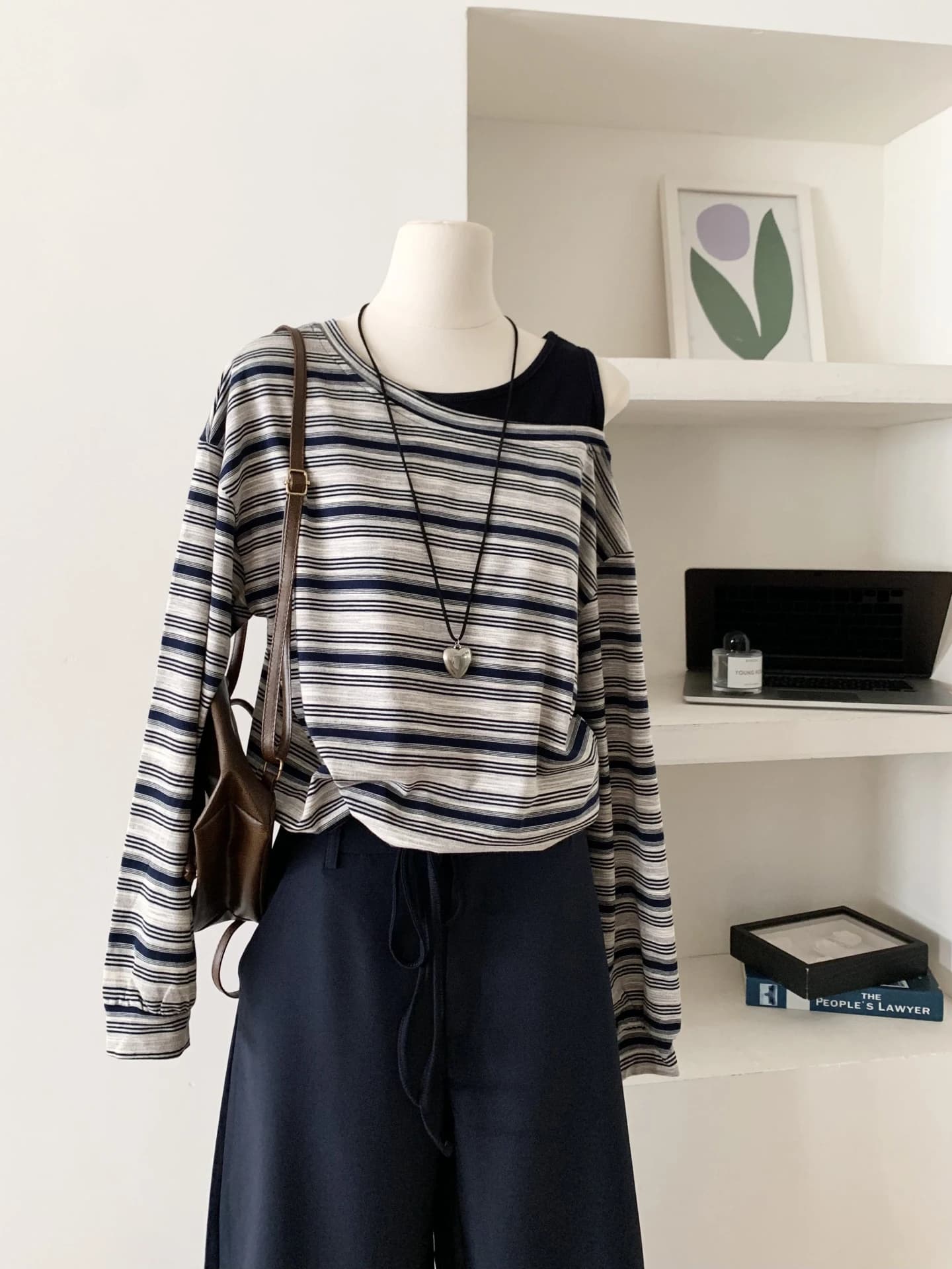 Korean Style Diagonal Shoulder False Two-Piece Striped Long Sleeve Women's T-Shirt Early Autumn Slimming Versatile Good Looki...