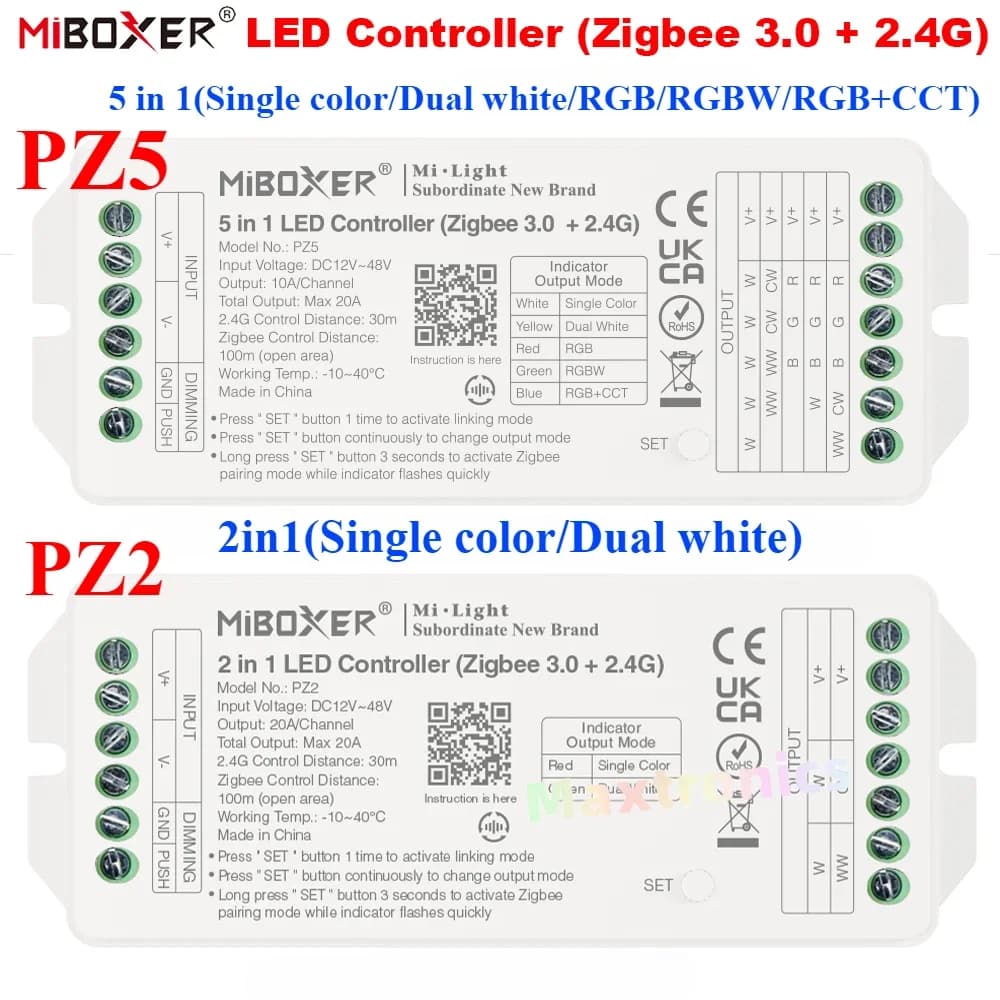 Miboxer DC12 ~ 48V Zigbee3.0 + 2.4G RF LED Controller 2IN1-PZ2/ 5IN1-PZ5 Max 20A Per Singolo/Doppio Colore/RGB/RGBW/RGB+CCT Led Strip