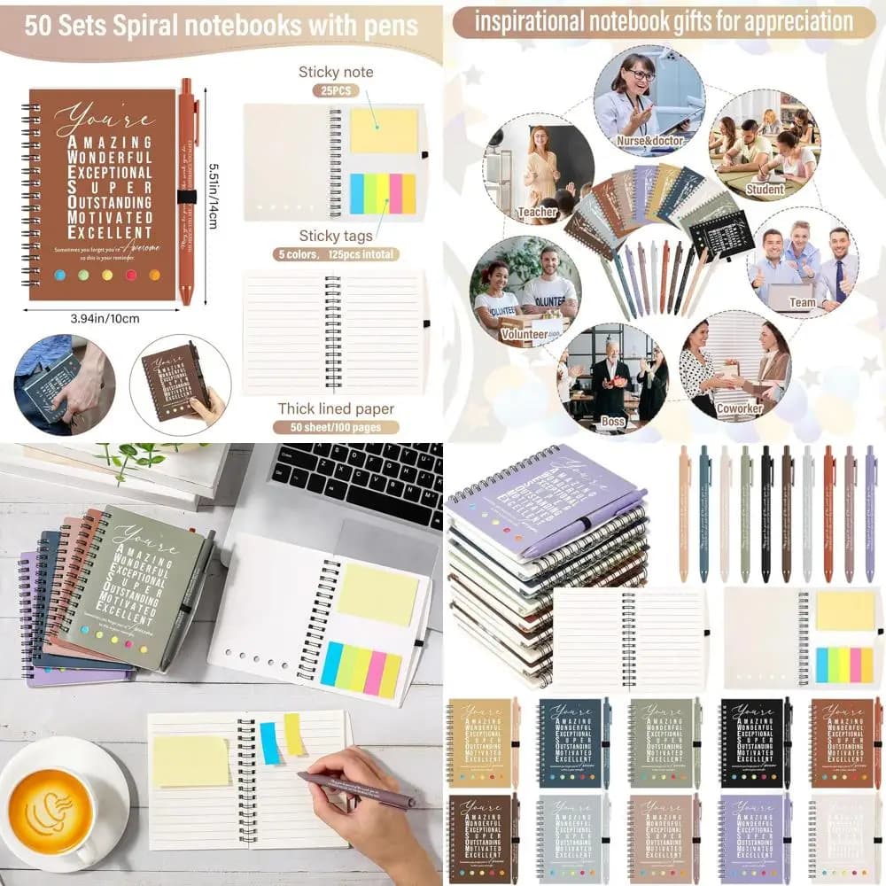 100 Pezzi/50 Set di Quaderni a Spirale Motivazionali con Note Adesive e Penna, Ideali per l'Apprezzamento dei Dipendenti, Regali di Ringraziamento per i Clienti