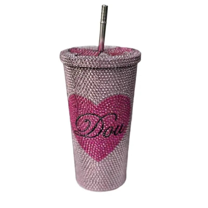 Tazza con Strass Applicati a Mano, Borraccia Termica in Acciaio Inossidabile con Fiocco Rosa, Thermos Sottovuoto