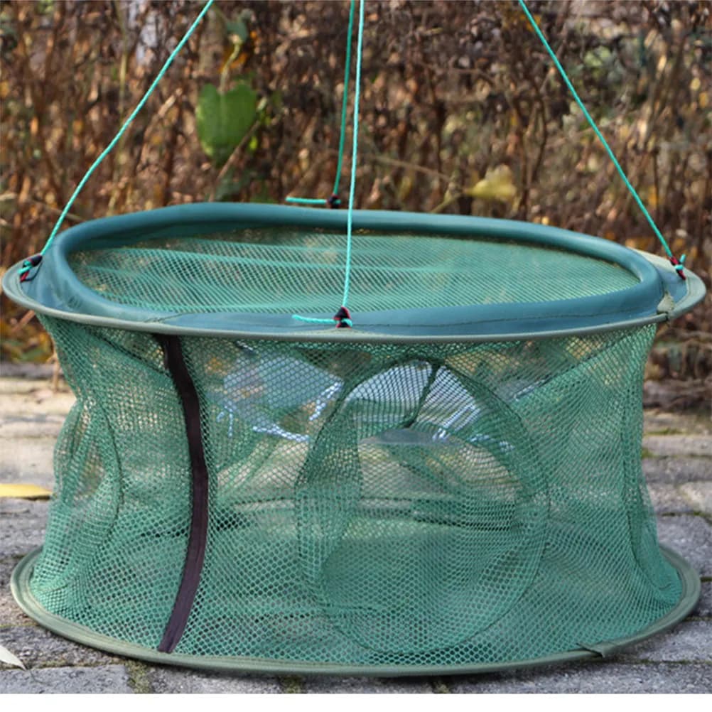 Nassa Pieghevole in Rete a 5 Fori da 50 cm, Verde, con Struttura Leggera, Trappola Automatica Portatile per Pesci, Gamberetti, Granchi e Pesciolini