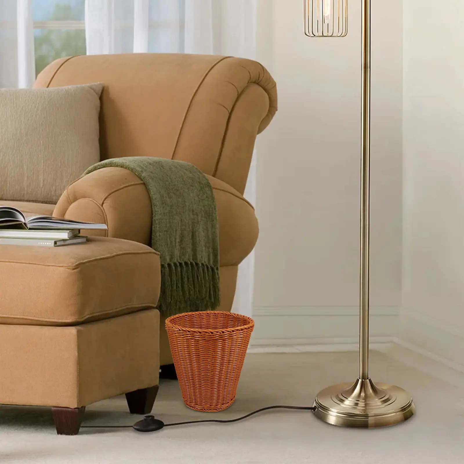 Cestino per Rifiuti in Finto Rattan Intrecciato, Contenitore Decorativo per Oggetti Vari da Soggiorno, Bidone per Rifiuti Domestici con Coperchio