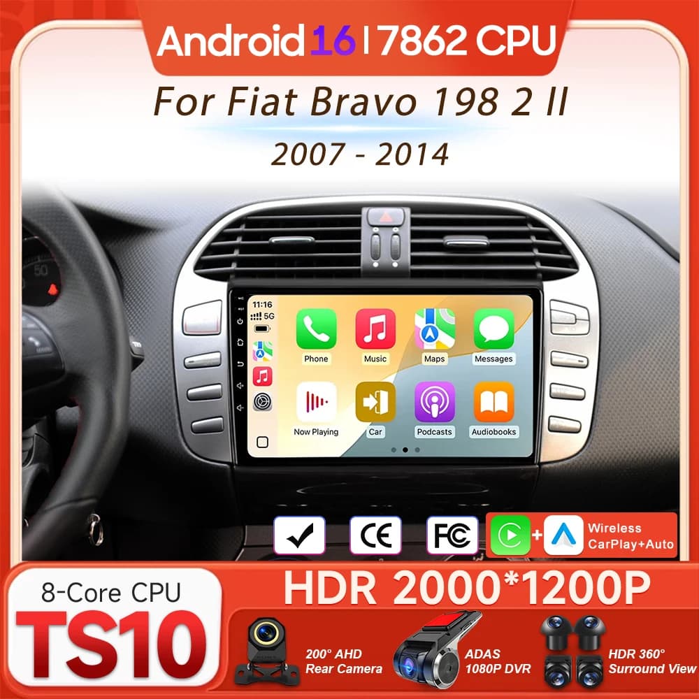 Autoradio Android 16 per Fiat Bravo 198 II 2007-2014 con Carplay, FM/AM, Video, 4G, Wifi, Navigazione GPS, DSP
