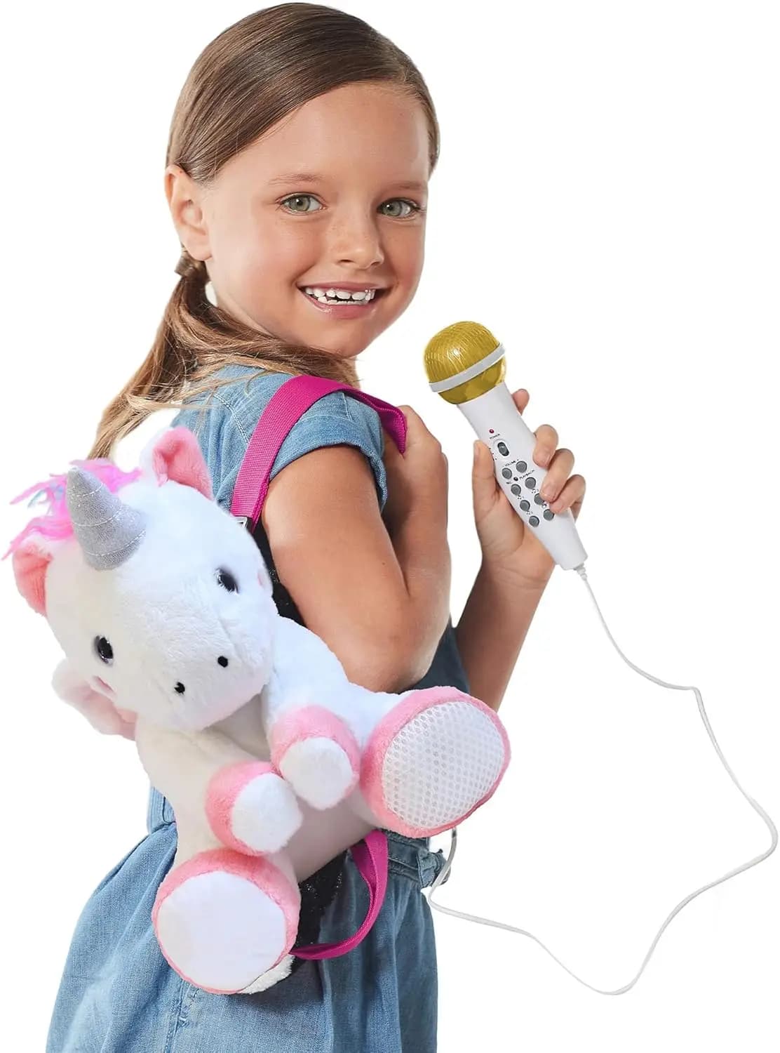 Macchina Karaoke Portatile per Bambini con Zaino in Peluche, Microfono, Altoparlante Integrato, Canzoni e Registratore