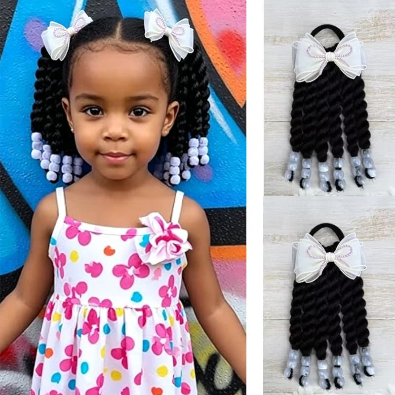 2 Pezzi Box Braids per Bambini con Clip a Fiocco di Paillettes - Treccine con Perline, Acconciature Intrecciate Protettive per Ragazze Nere, Morbide e Naturali