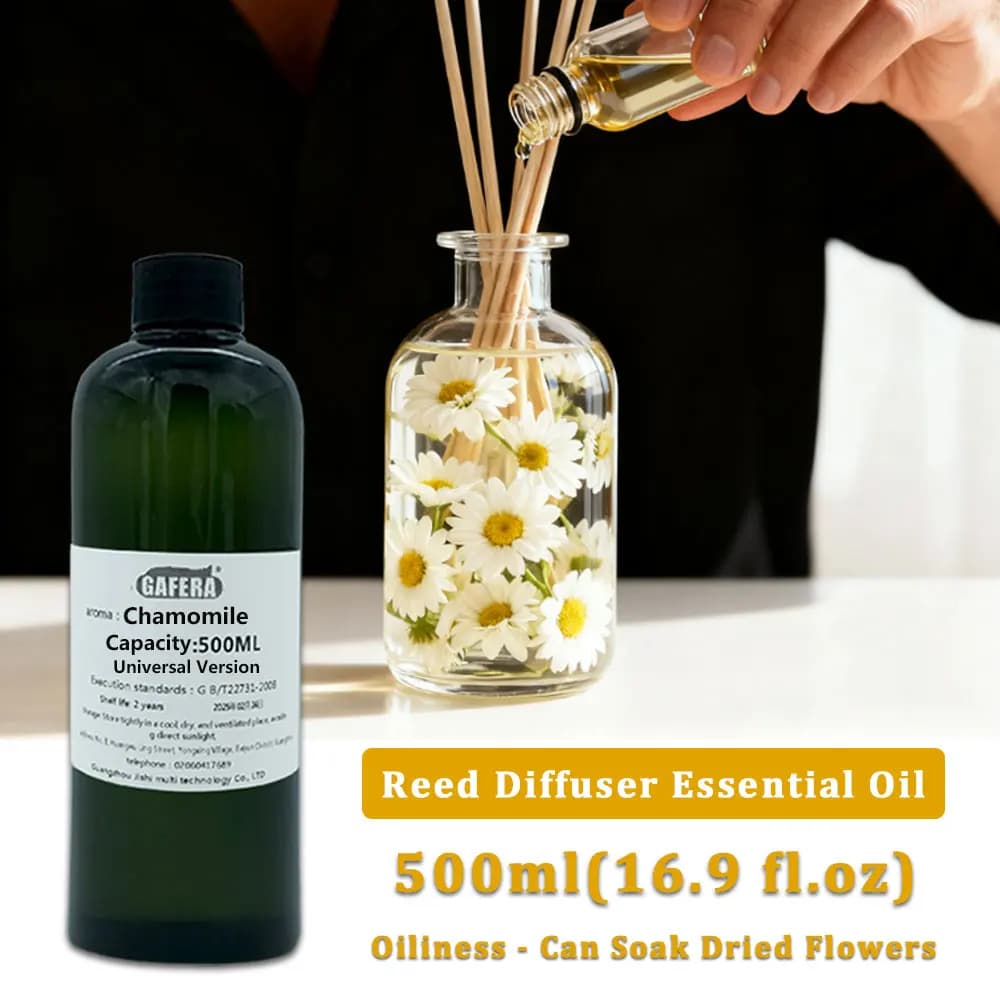 GAFERA 500ml (16.9 fl.oz) Olio Essenziale di Camomilla Hilton per Diffusori a Bastoncino e Aromaterapia Senza Fiamma, Olio Aromatico di Ricambio per Diffusori