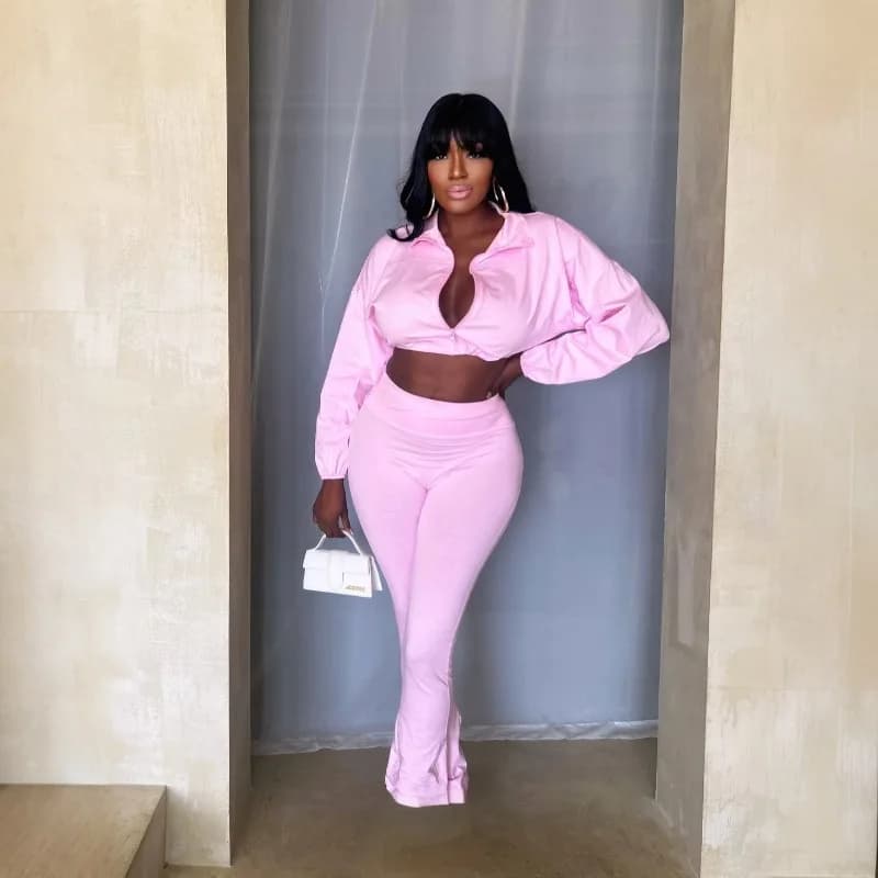 Women Solid Casual Sporty 2 Piece Set Turn Down Collar Long Sleeve Zipper Coat Crop Tops + High Waist Skinny Pants Tracksuits