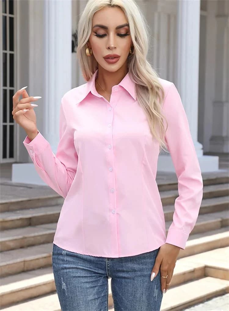 Camicette stile donna primavera autunno Camicie Lady Casual manica lunga colletto rovesciato Camicetta tinta unita Top