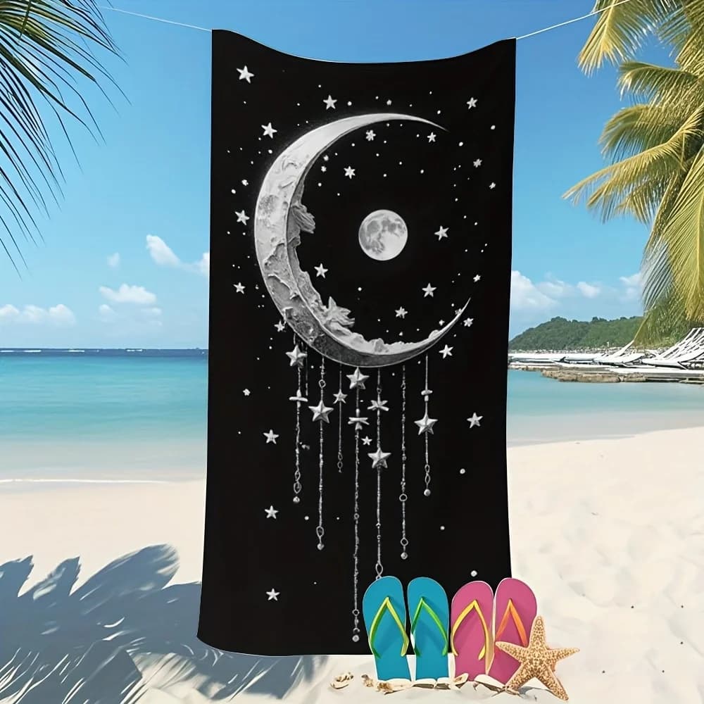 Asciugamano da bagno moderno in microfibra con ciondolo a luna, morbido, assorbente, ad asciugatura rapida, design geometrico con luna e stelle, compatto per viaggi e piscina